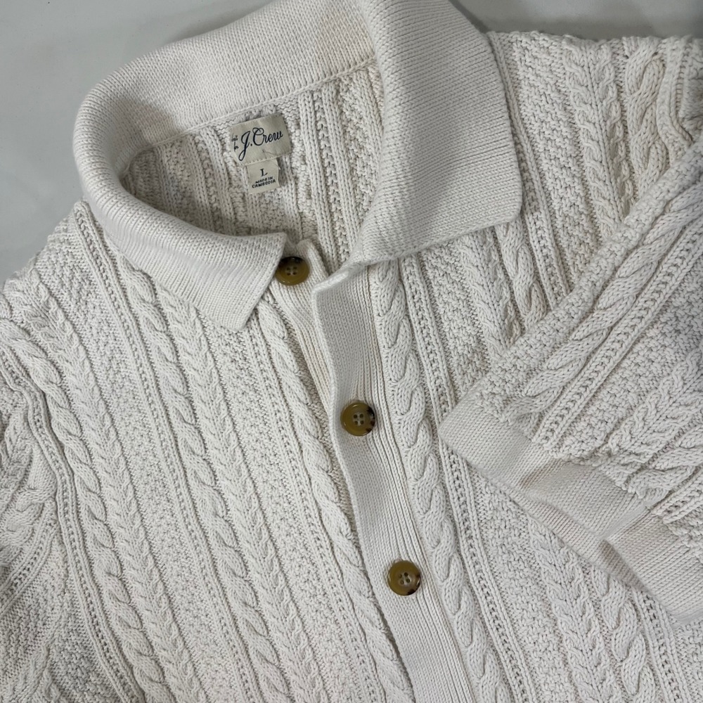 J Crew Cable Knit Cardigan Women Large Ivory Button Up Preppy Coastal Sweater